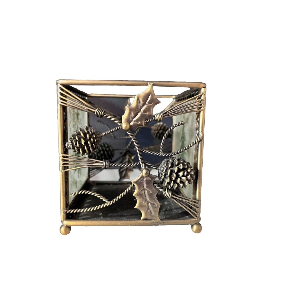 Metal Trellis Collection Gold Votive Holder with Pinecone Holly Drape Holiday